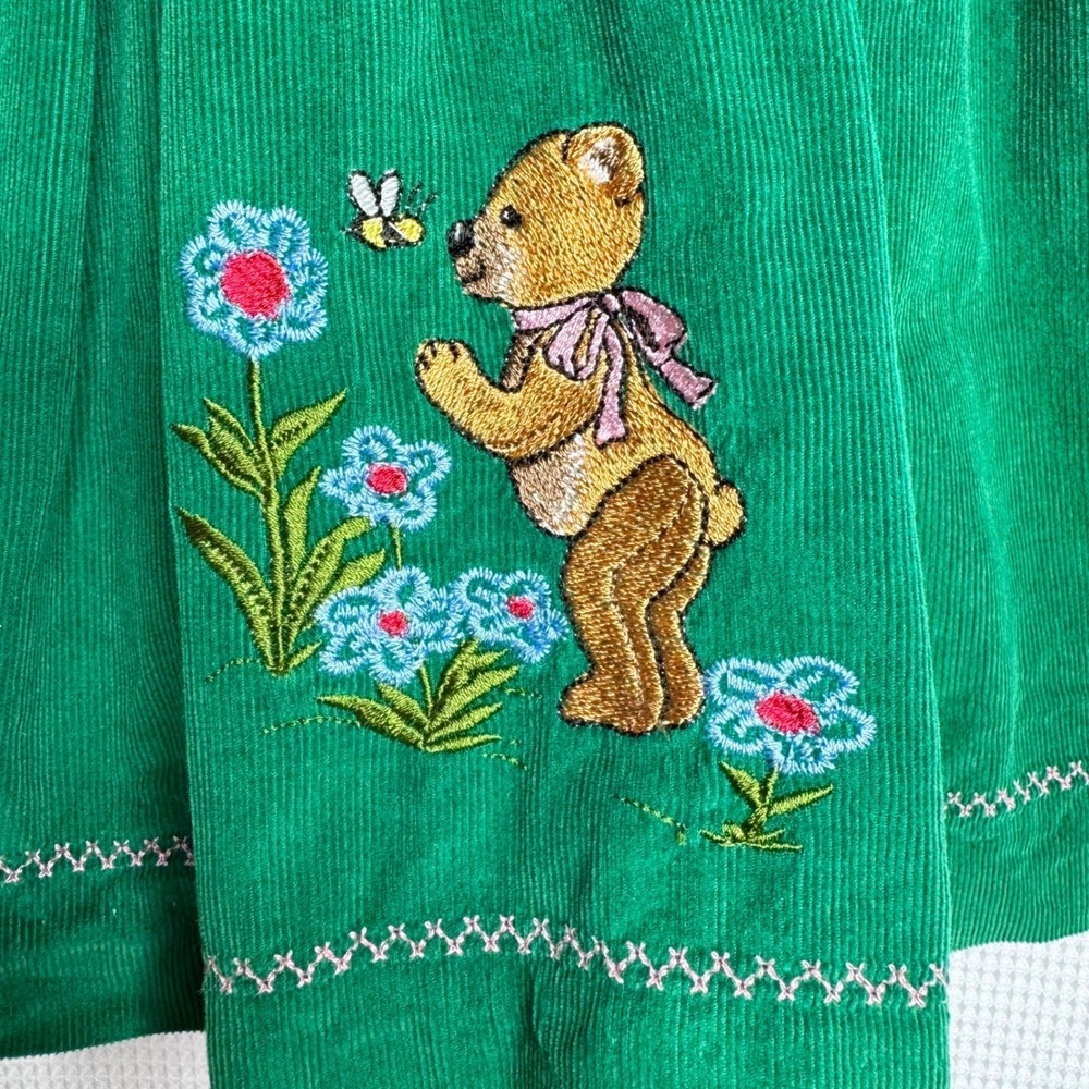 Vintage Homemade Green Corduroy Little Bear Inspired Embroidered Jumper Dress